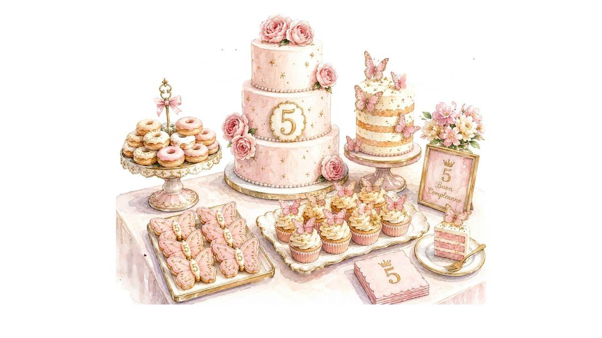 Allestimento Sweet Table tema 5 anni: torta a piani, alzatina di donuts, torta a strati, biscotti friabili, cupcake con guarnizione